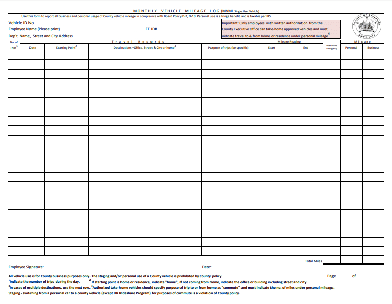 Mileage Log Book Template / 20 Printable Printable Mileage